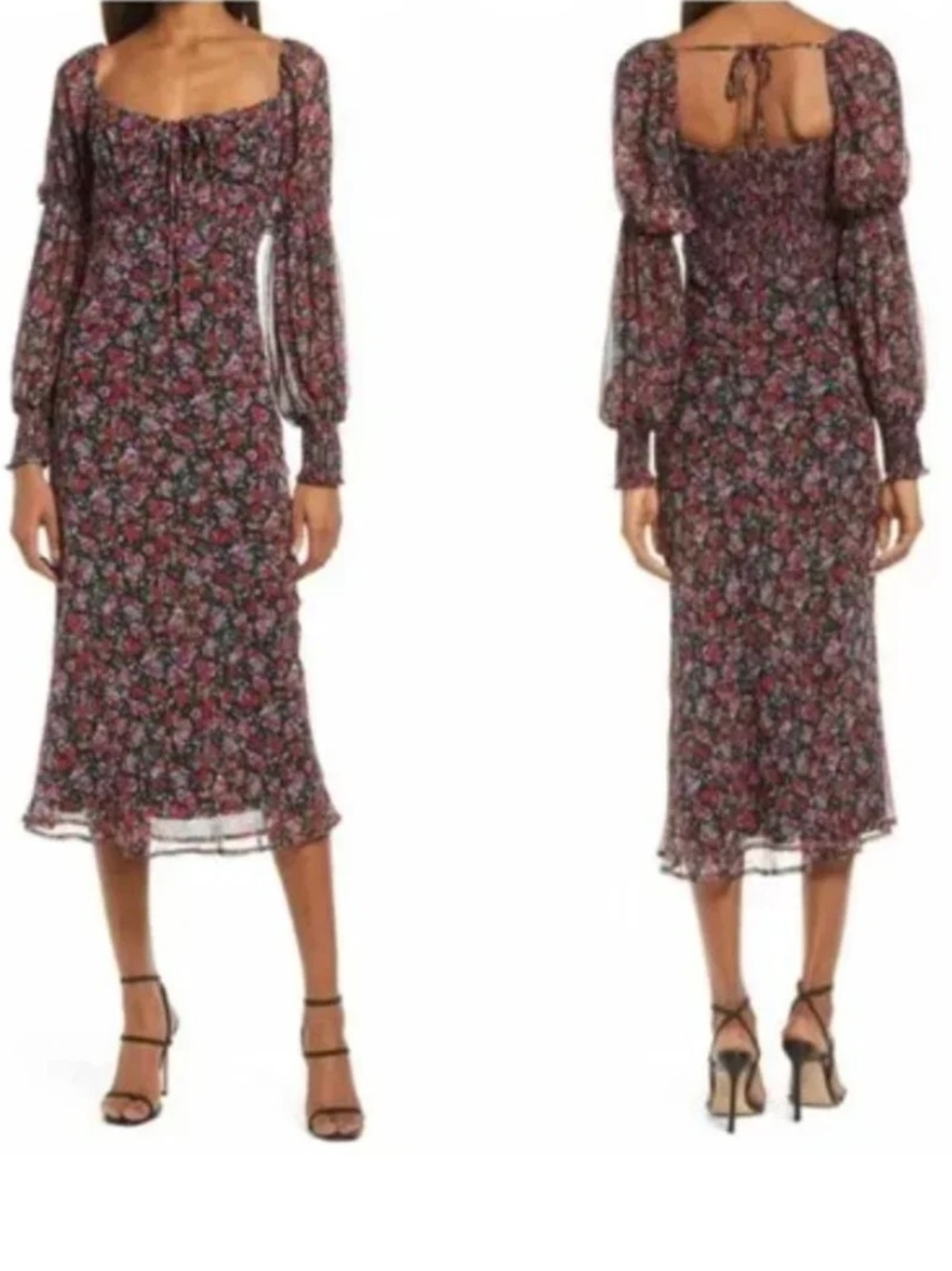 Smocked Back Floral Midi Dress in Burgundy and Pink